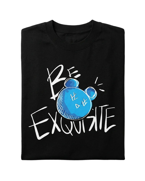 Black t-shirt with a blue and white graphic design on a white background