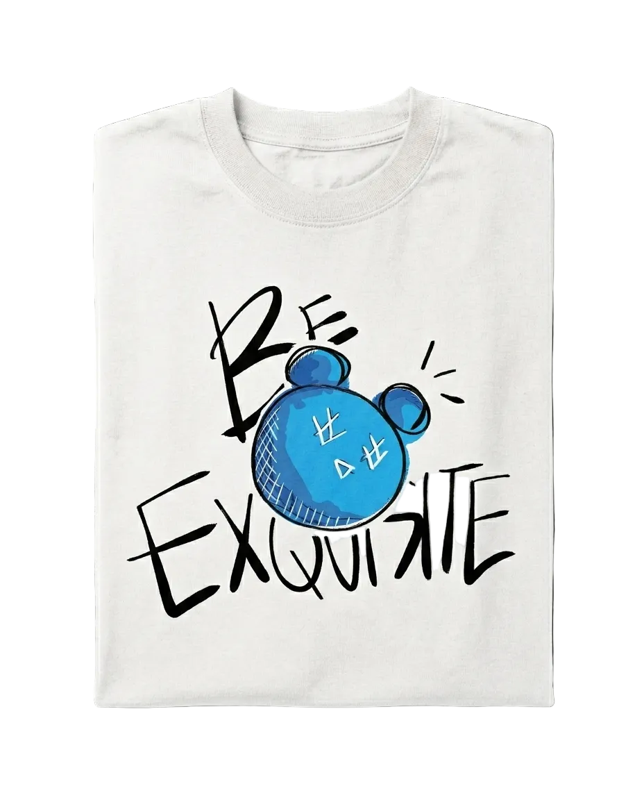 White t-shirt with blue and black graphic design on a black background